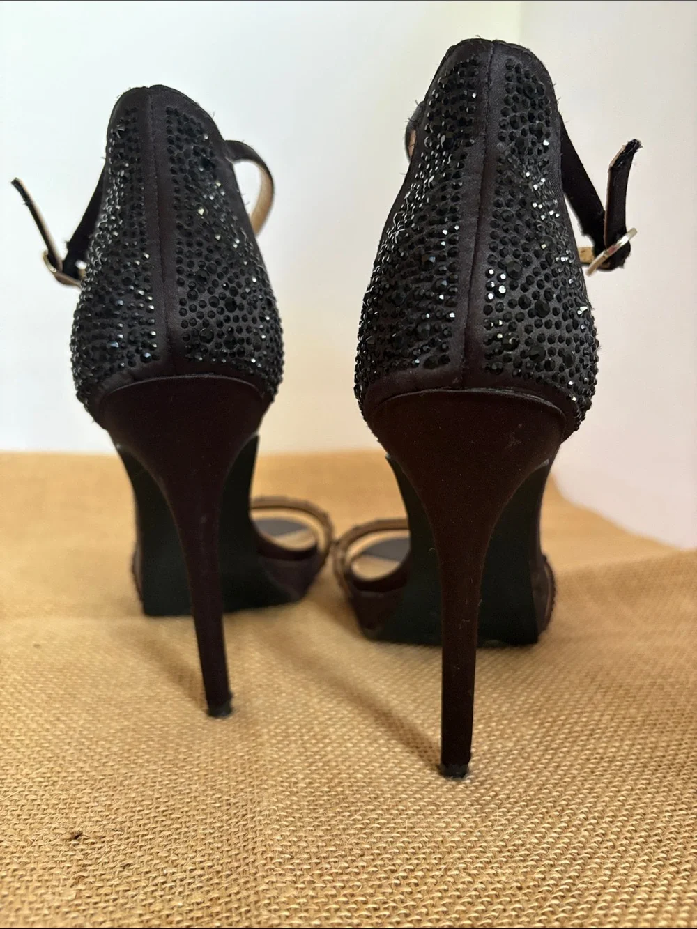 Badgley Mischka very sexy Black Crystal-Embellished Ankle-Strap Stilettos Size 6